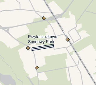 Mapa części Falenicy przy ulicy Przylaszczkowej z zaznaczonym obszarem, na którym stoją osiedla Przylaszczkowa i Sosnowy Park
