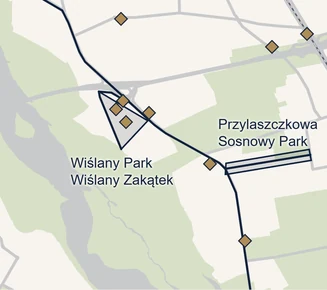 Mapa części Wawra z zaznaczonymi osiedlami Przylaszczkowa i Sosnowy Park przy ulicy Przylaszczkowej oraz Wiślany Park i Wiślany Zakątek między Wałem Miedzeszyńskim a Ogórkową