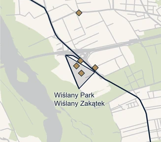 Mapa części Wawra między Wałem Miedzeszyńskim a Ogórkową z zaznaczonym obszarem, na którym stoją osiedla Wiślany Park i Wiślany Zakątek