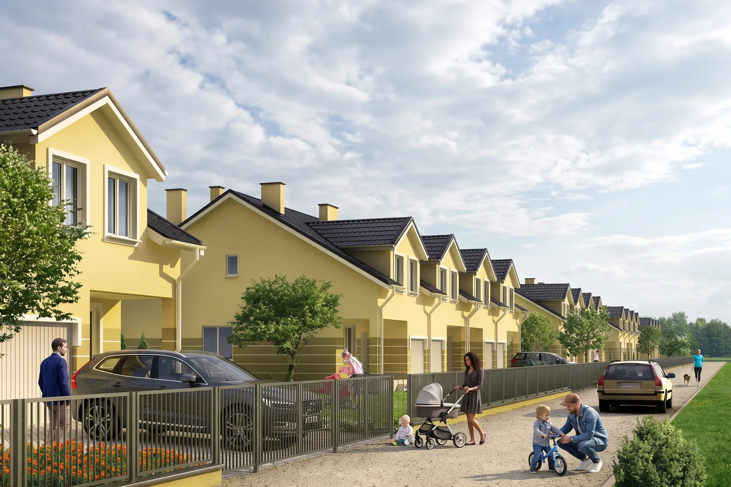 Wizualizacja szeregowej zabudowy osiedla Przylaszczkowa od strony ulicy