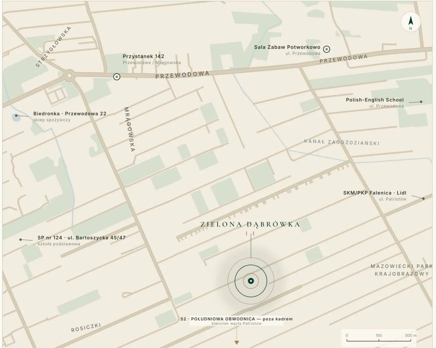 Mapa okolicy Zielonej Dąbrówki II z ulicą Przewodową, przystankiem 142, stacją Falenica i Mazowieckim Parkiem Krajobrazowym